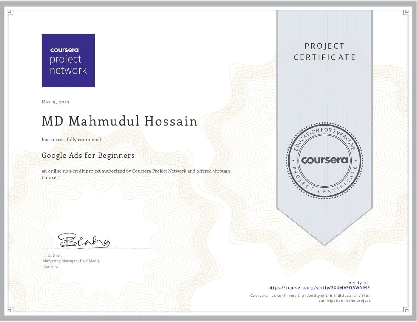 Google Ads for Beginners certificate — Coursera