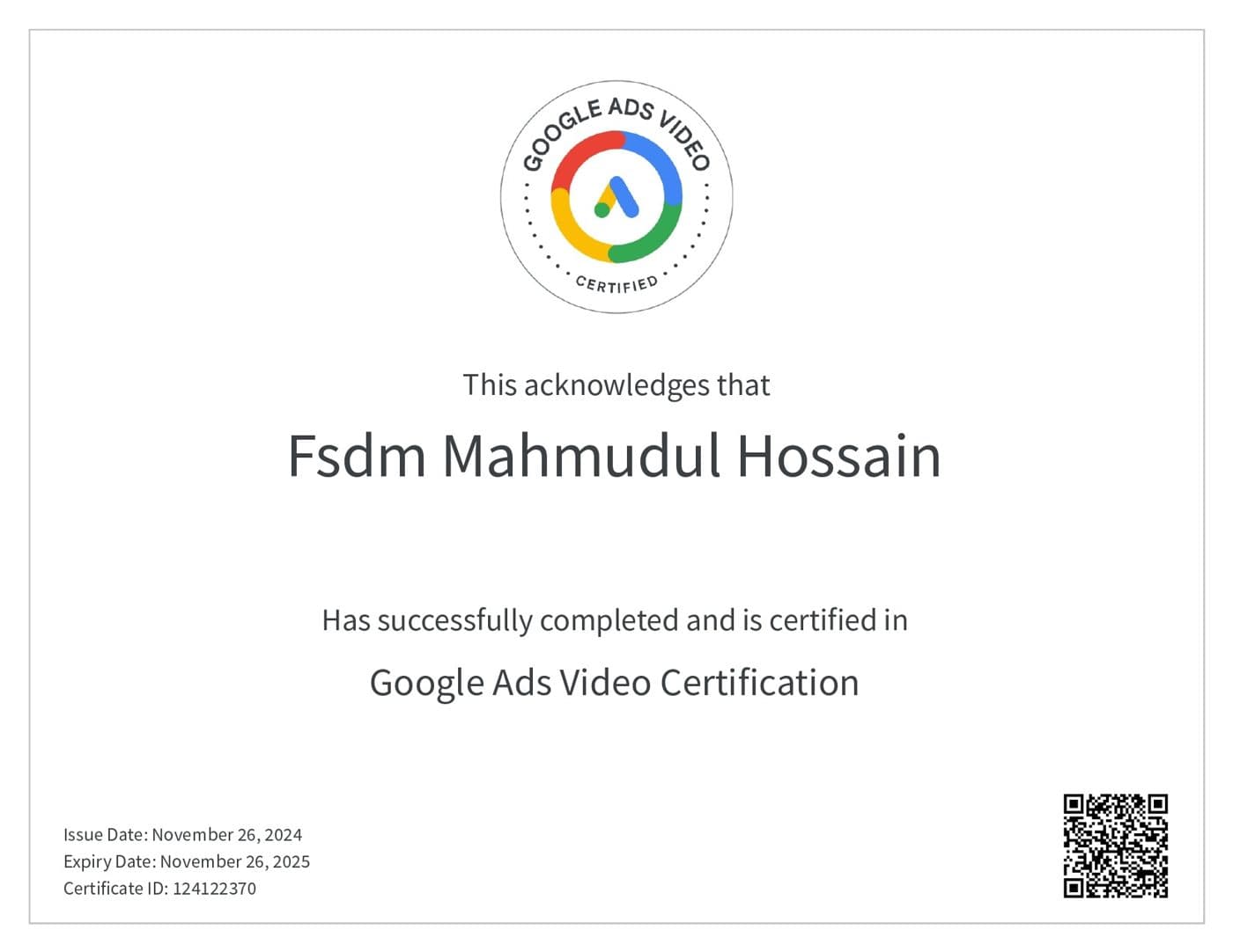 Google Ads Video certificate — Google