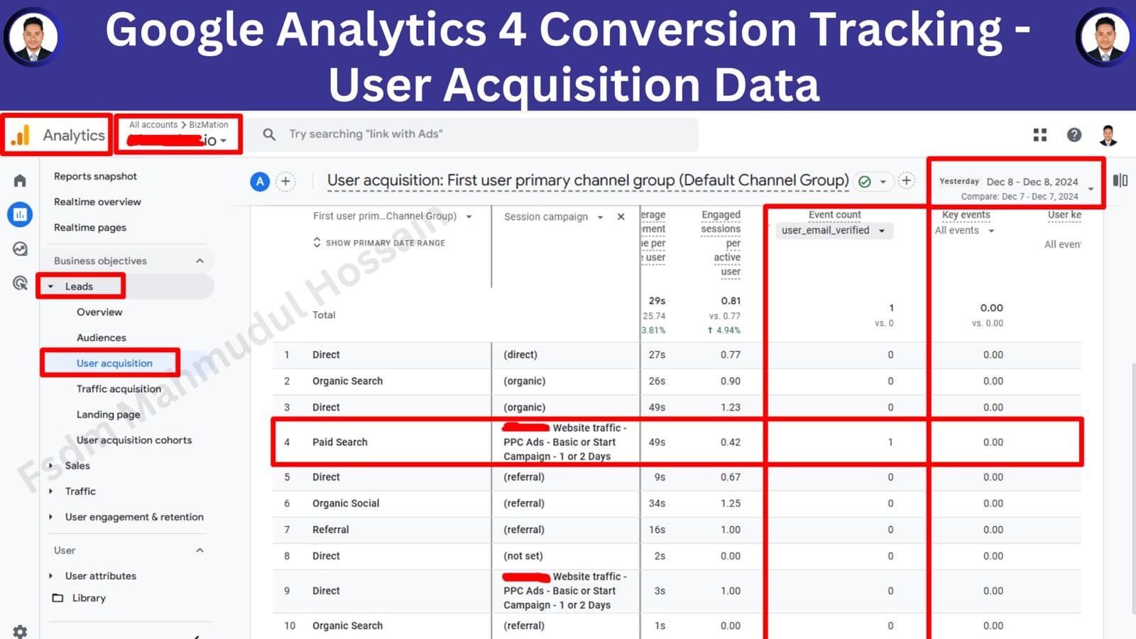 GA4 Conversion Tracking User Acquisition Data
