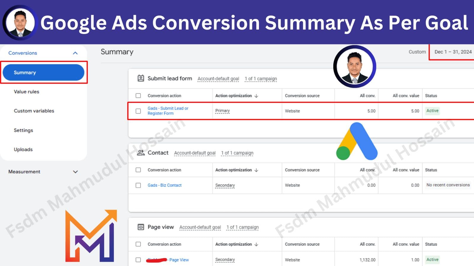Google Ads Conversion Summary As Per Goal