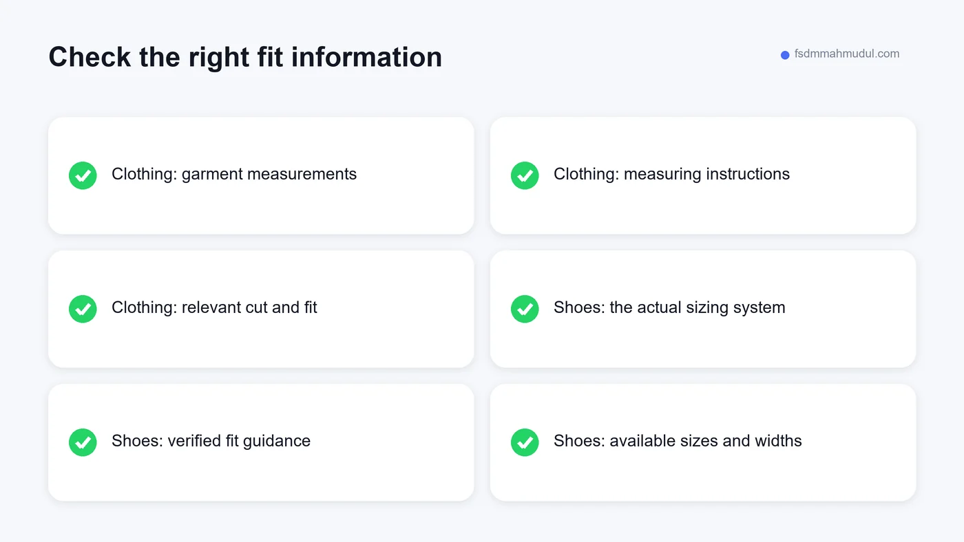 Comparison of garment measurements and footwear sizing information