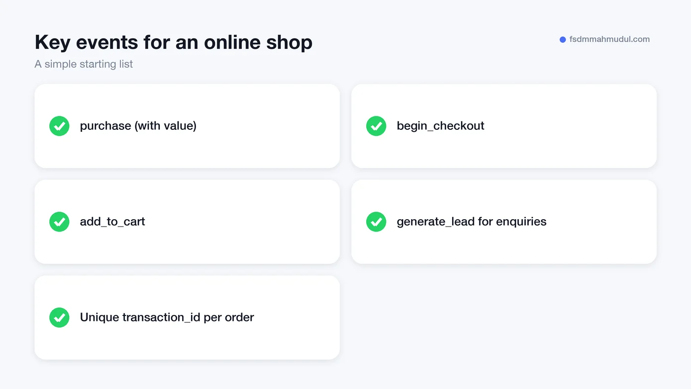 Checklist of GA4 key events to track for an online shop