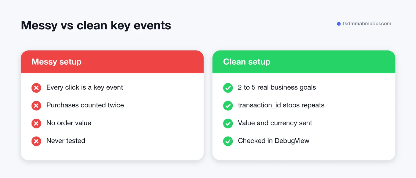 Comparison of messy GA4 key events versus a clean key event setup