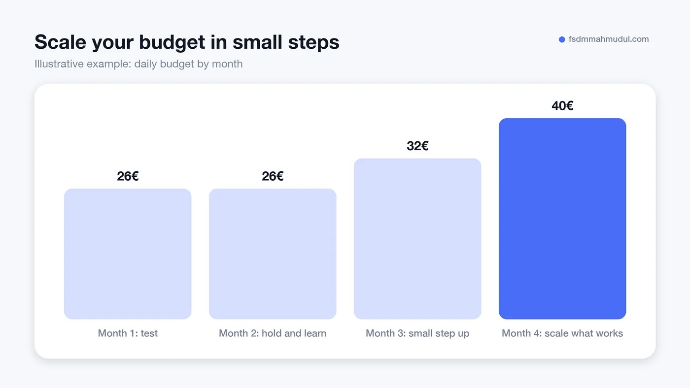 Google Ads budget example comparing test phase and scaled spend