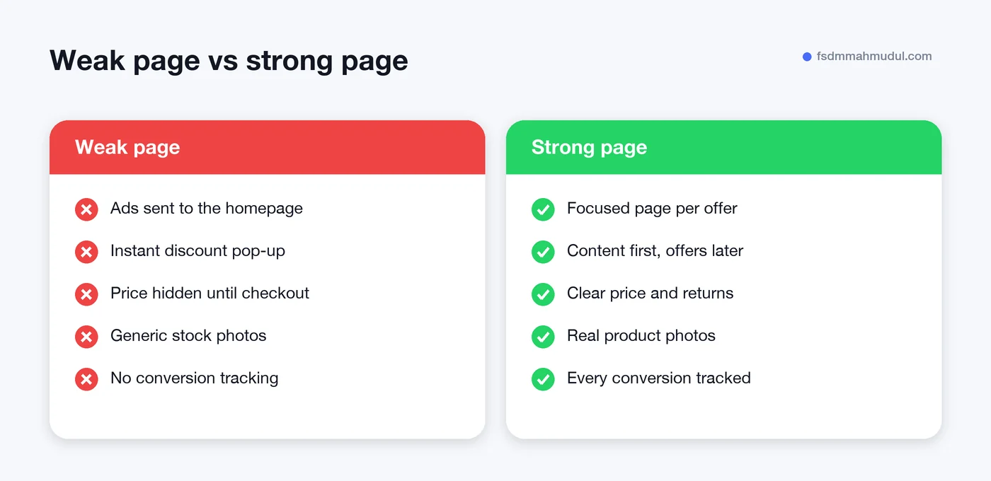Comparison of a weak landing page and a high-converting landing page
