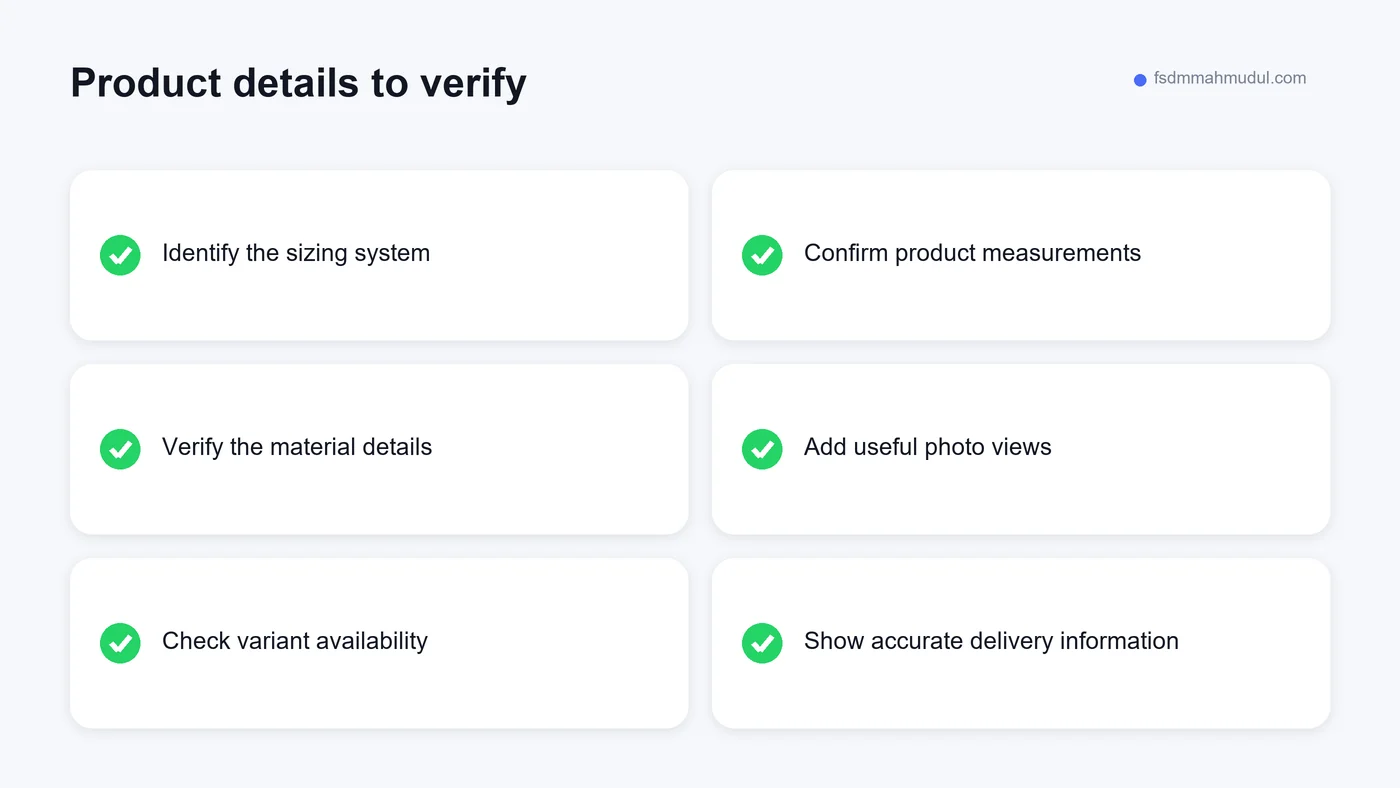 A checklist of common information gaps on a clothing or shoe product page