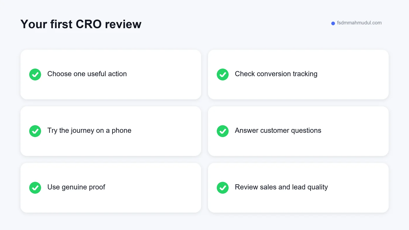 Checklist for a first CRO review covering goals, tracking, mobile use and customer questions