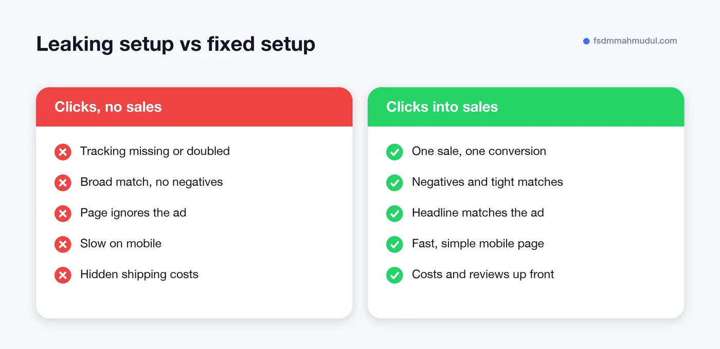 Google Ads clicks with no sales compared to a fixed setup that converts