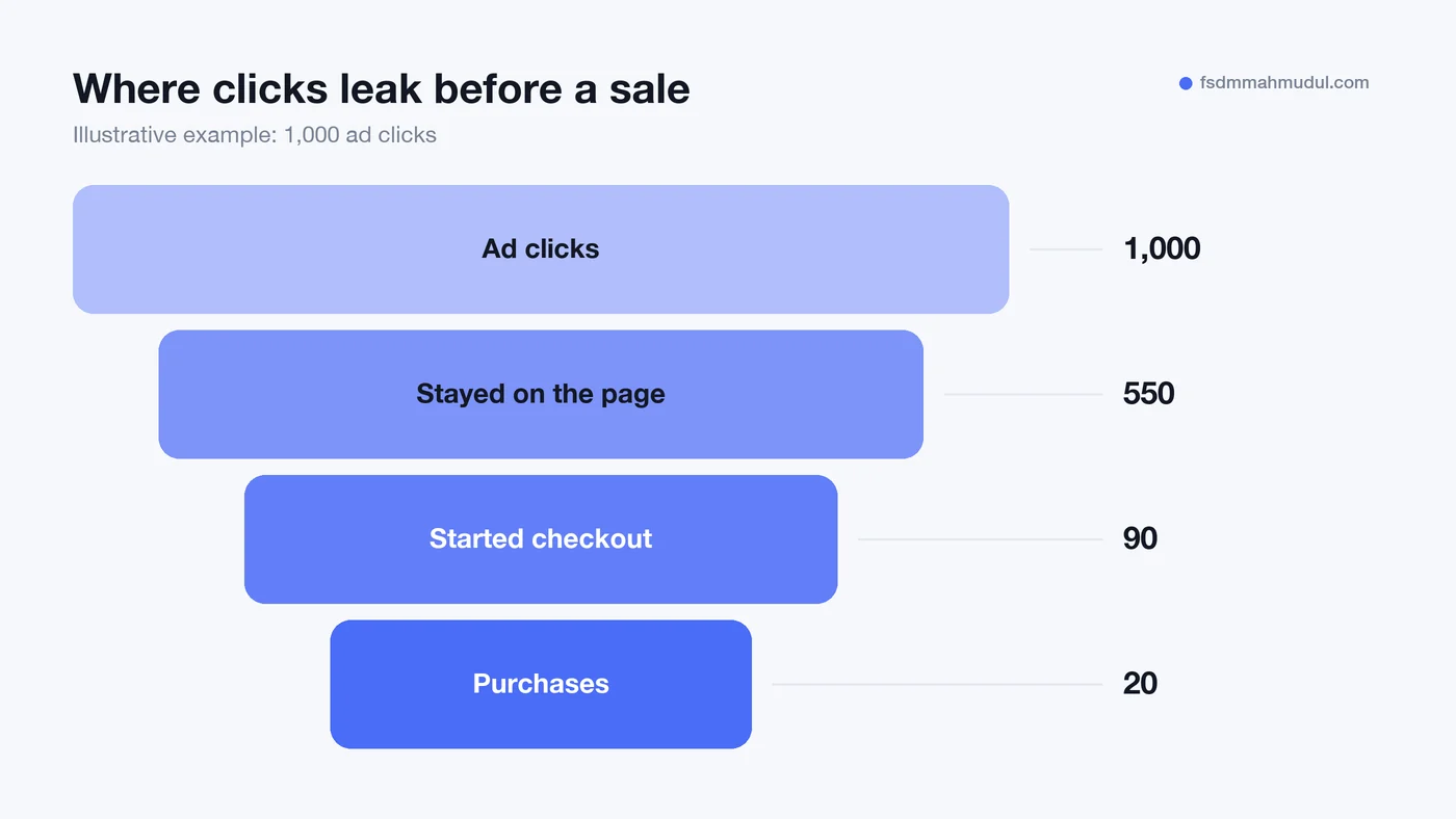 Google Ads not converting: example funnel showing where 1,000 ad clicks drop off before purchase